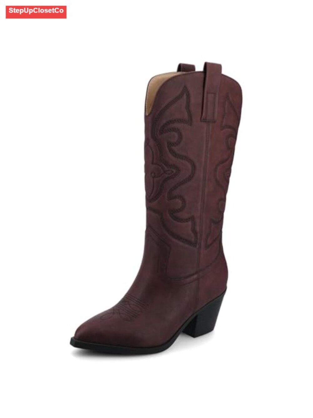 Pointed Toe Cowgirl Boots with Western Stitch Details, Faux Leather, Stacked